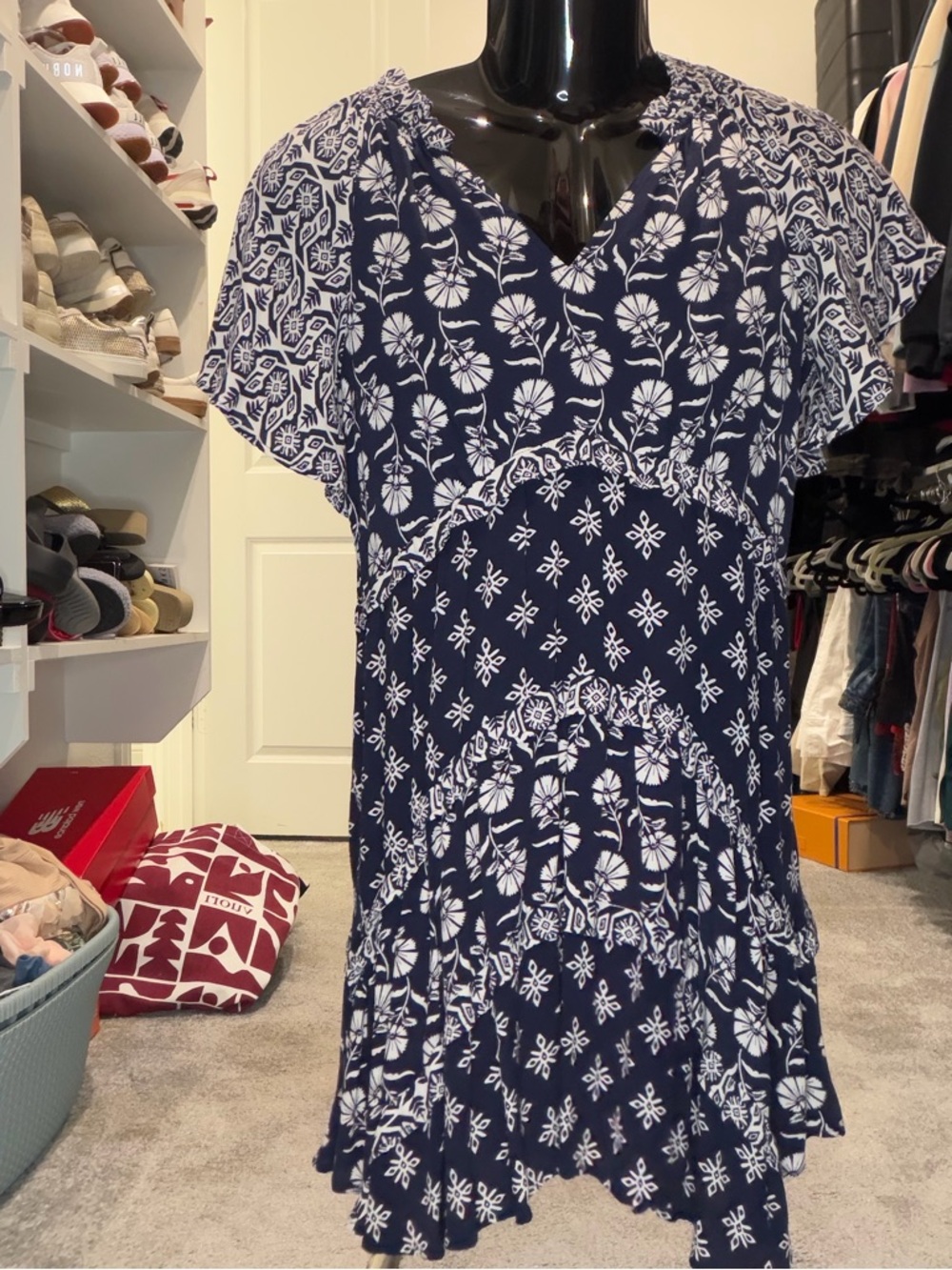 Anthropologie Navy and White Floral Tiered Mini Dress